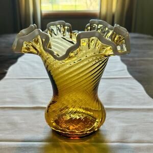 Fenton Amber Snowcrest Spiral Optic Vase • 6.75” • Vintage